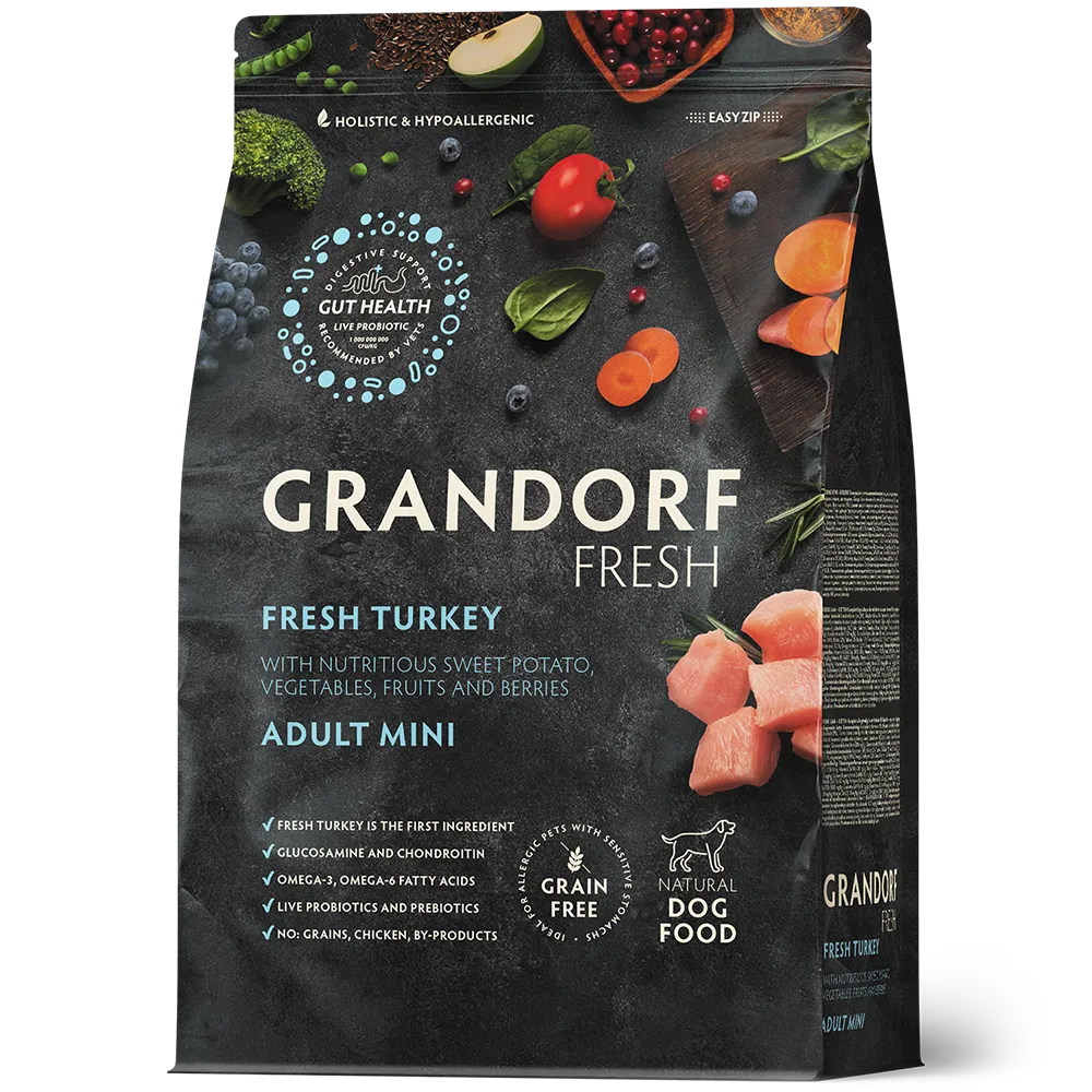 Hrana uscata pentru câini Grandorf, Carne proaspata de curcan cu cartof dulce, pentru rase mici