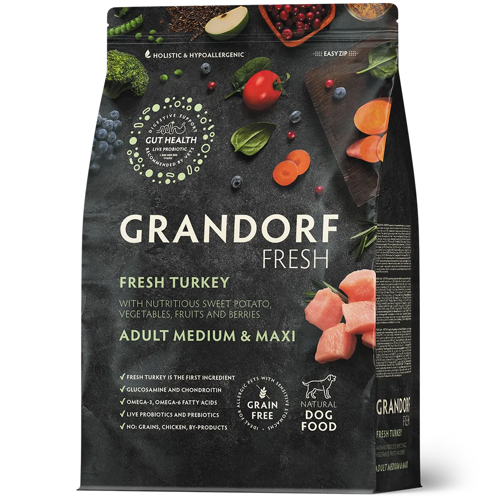 Hrana uscata pentru câini Grandorf, Carne proaspata de curcan cu cartof dulce, pentru rase medii si mari