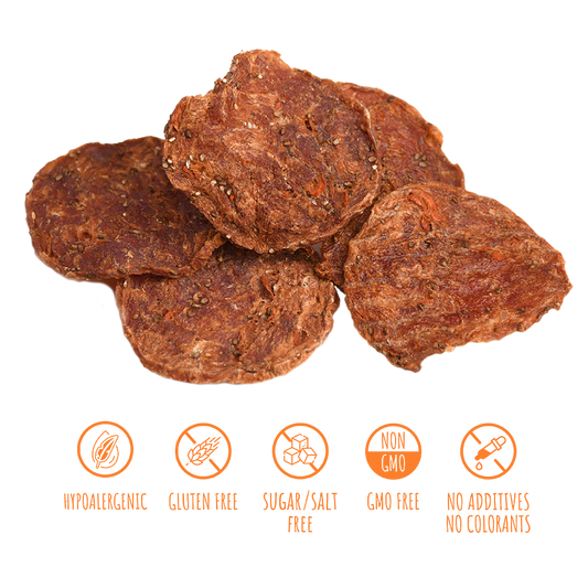 Recompense pentru câini MAVSY, chipsuri din rata cu seminte de chia si morcov, 50 g