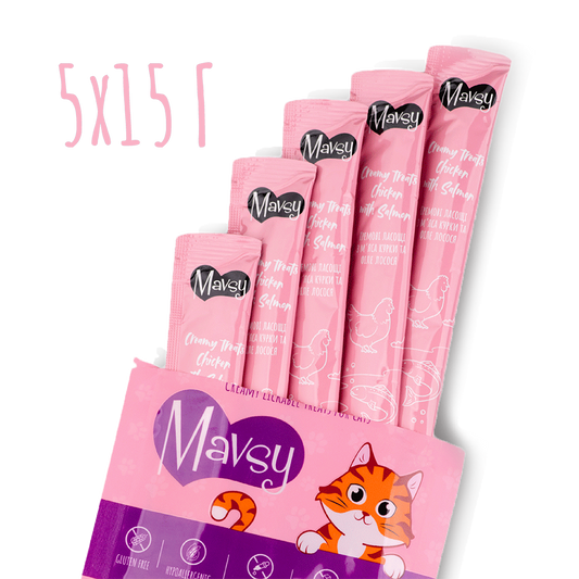 Recompense pentru pisici MAVSY, lasabile cu pui si somon, 75 g