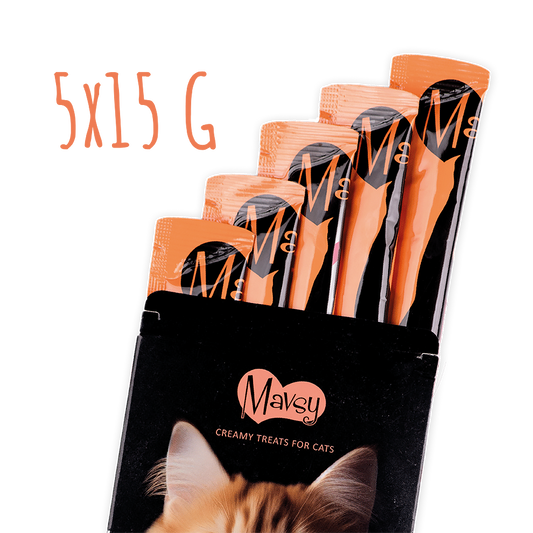 Recompense pentru pisici MAVSY, cremoase de lings cu somon cu scoici si caviar rosu pentru pisici, 75 g