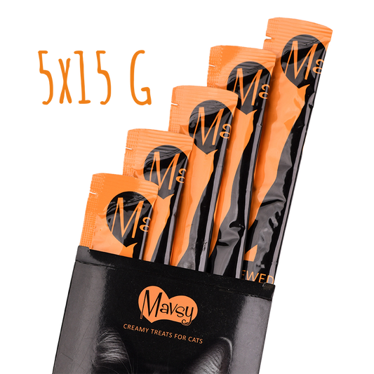 Recompense pentru pisici MAVSY, sub forma de iepure in tocana in sos de kaki copt cu seminte de chia, 75 g