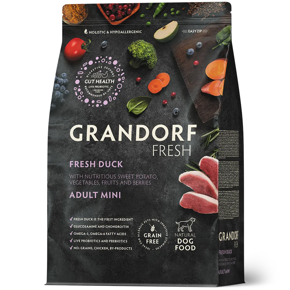 Hrana uscata pentru câini Grandorf, Carne proaspata de rata cu cartof dulce, pentru rase mici