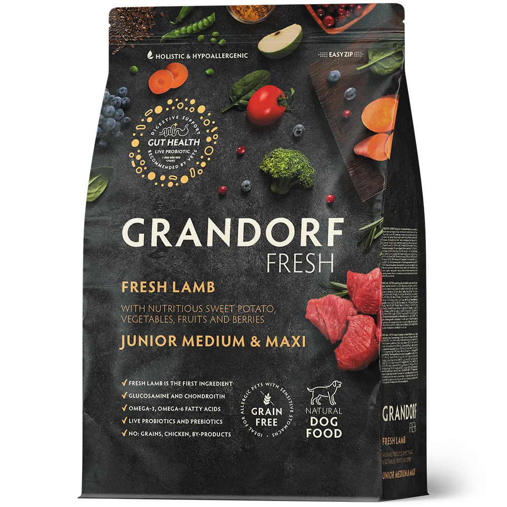Hrana uscata pentru câini Grandorf, Carne proaspata de miel cu cartof dulce, pentru juniori de rase medii si mari