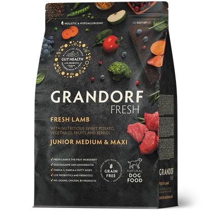 Hrana uscata pentru câini Grandorf, Carne proaspata de miel cu cartof dulce, pentru juniori de rase medii si mari