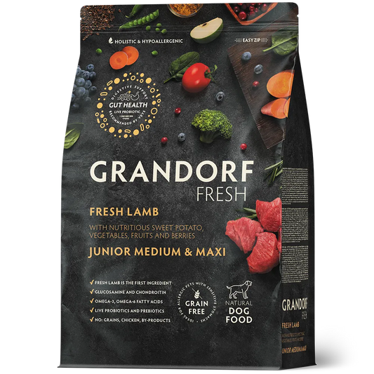Hrana uscata pentru câini Grandorf, Carne proaspata de miel cu cartof dulce, pentru juniori de rase medii si mari