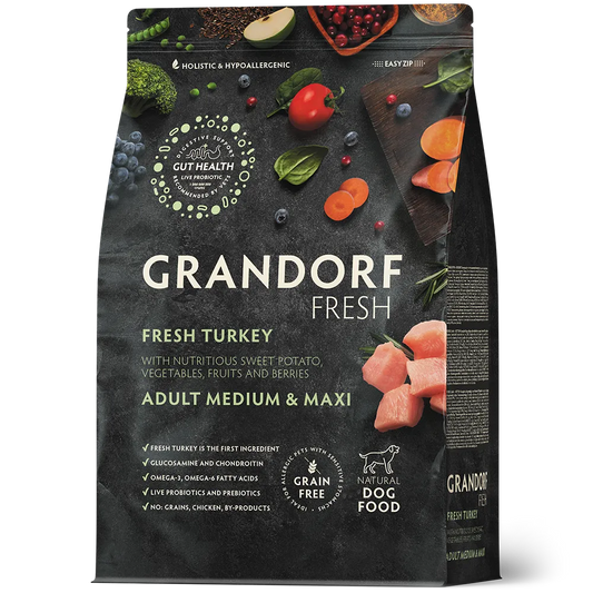 Hrana uscata pentru câini Grandorf, Carne proaspata de curcan cu cartof dulce, pentru rase medii si mari