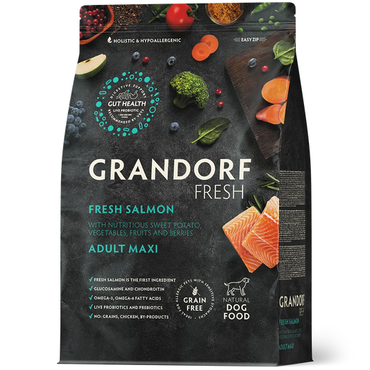 Hrana uscata pentru câini Grandorf, File de somon proaspăt cu cartof dulce, pentru rase mari