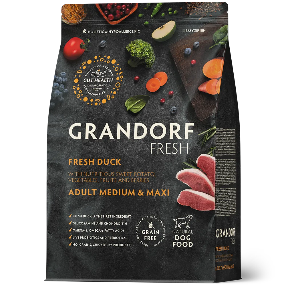 Hrana uscata pentru câini Grandorf, Carne proaspata de rata cu cartof dulce, pentru rase medii si mari