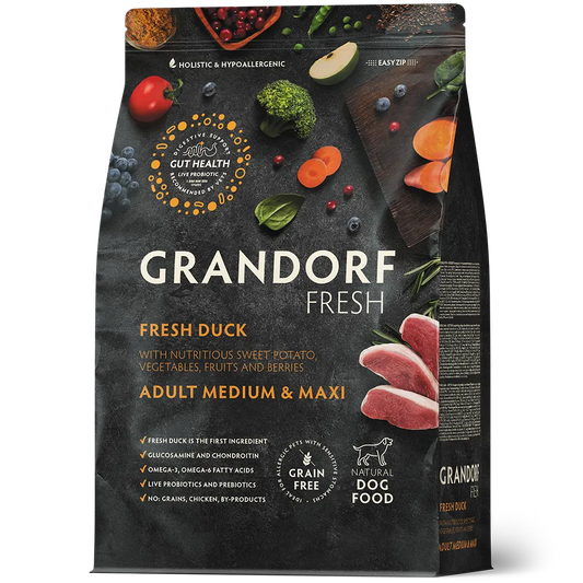 Hrana uscata pentru câini Grandorf, Carne proaspata de rata cu cartof dulce, pentru rase medii si mari