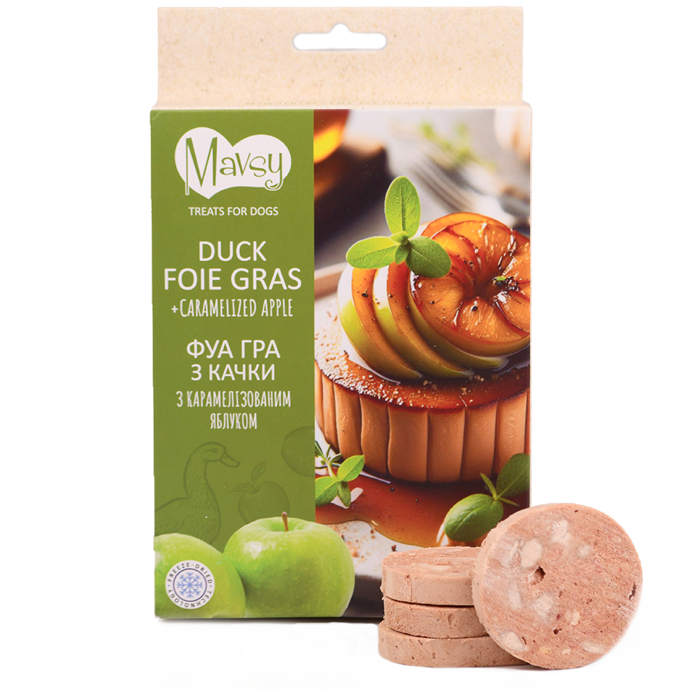Recompense pentru câini MAVSY, foie gras din rata cu mar caramelizat, 50 g