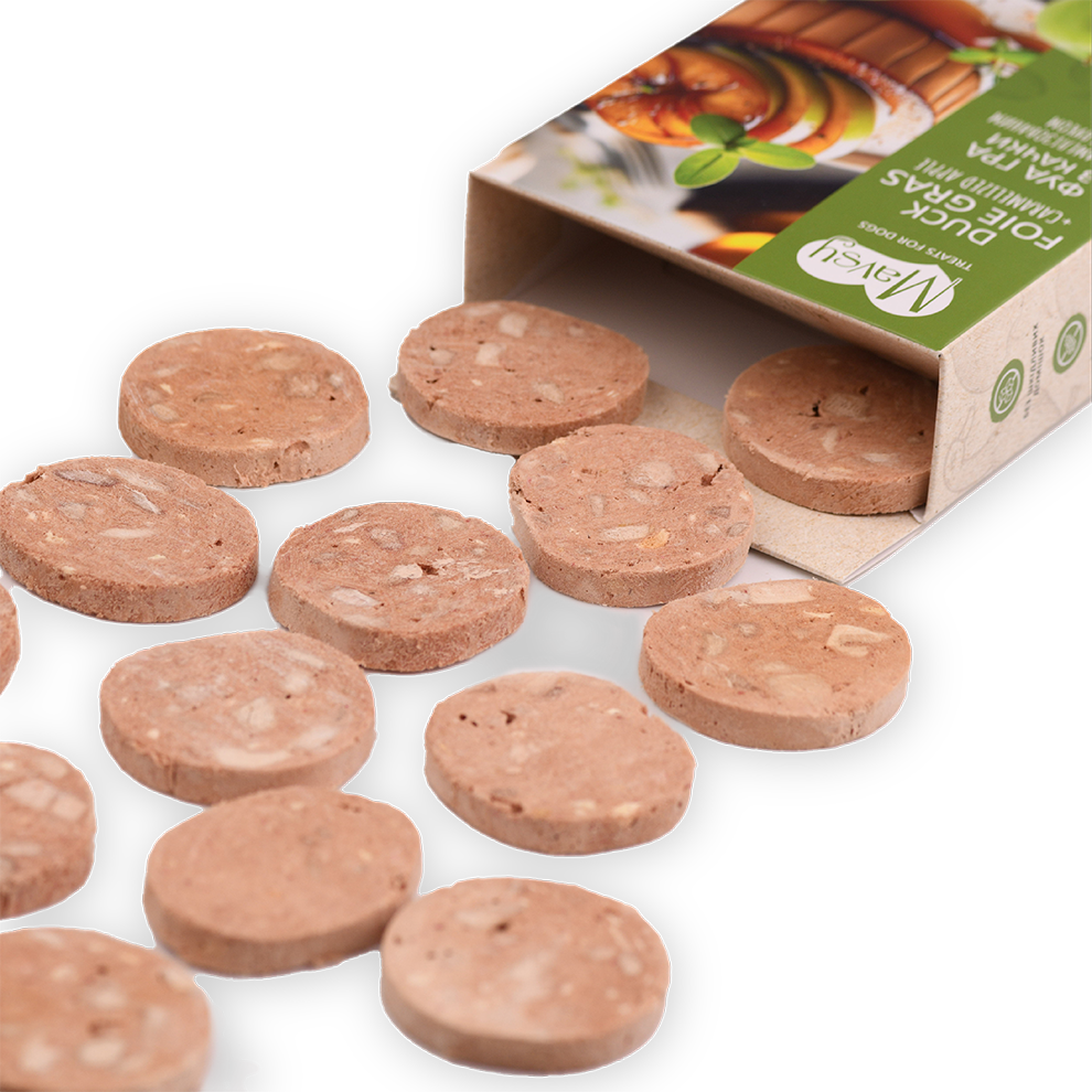 Recompense pentru câini MAVSY, foie gras din rata cu mar caramelizat, 50 g