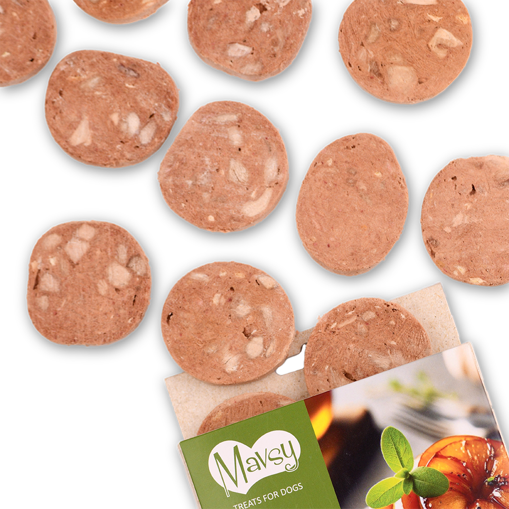 Recompense pentru câini MAVSY, foie gras din rata cu mar caramelizat, 50 g