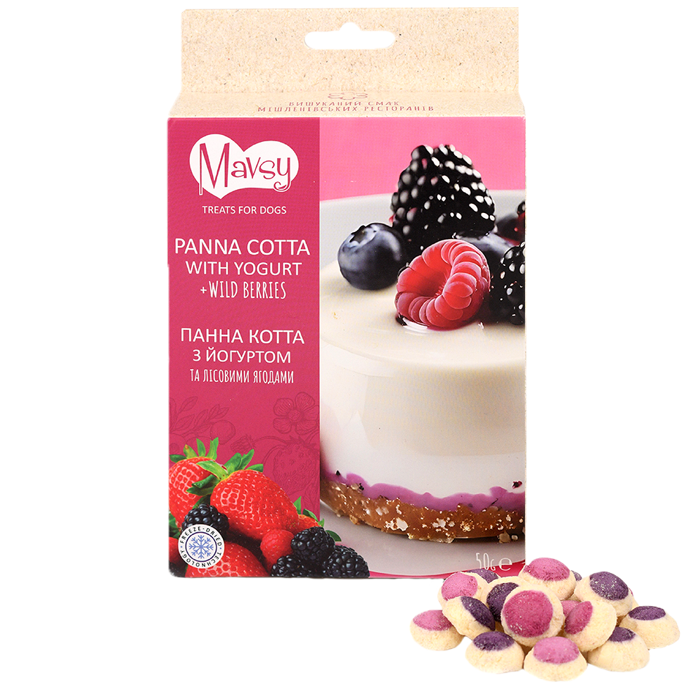 Recompense pentru câini MAVSY, panna cotta cu iaurt si fructe de padure, 50 g