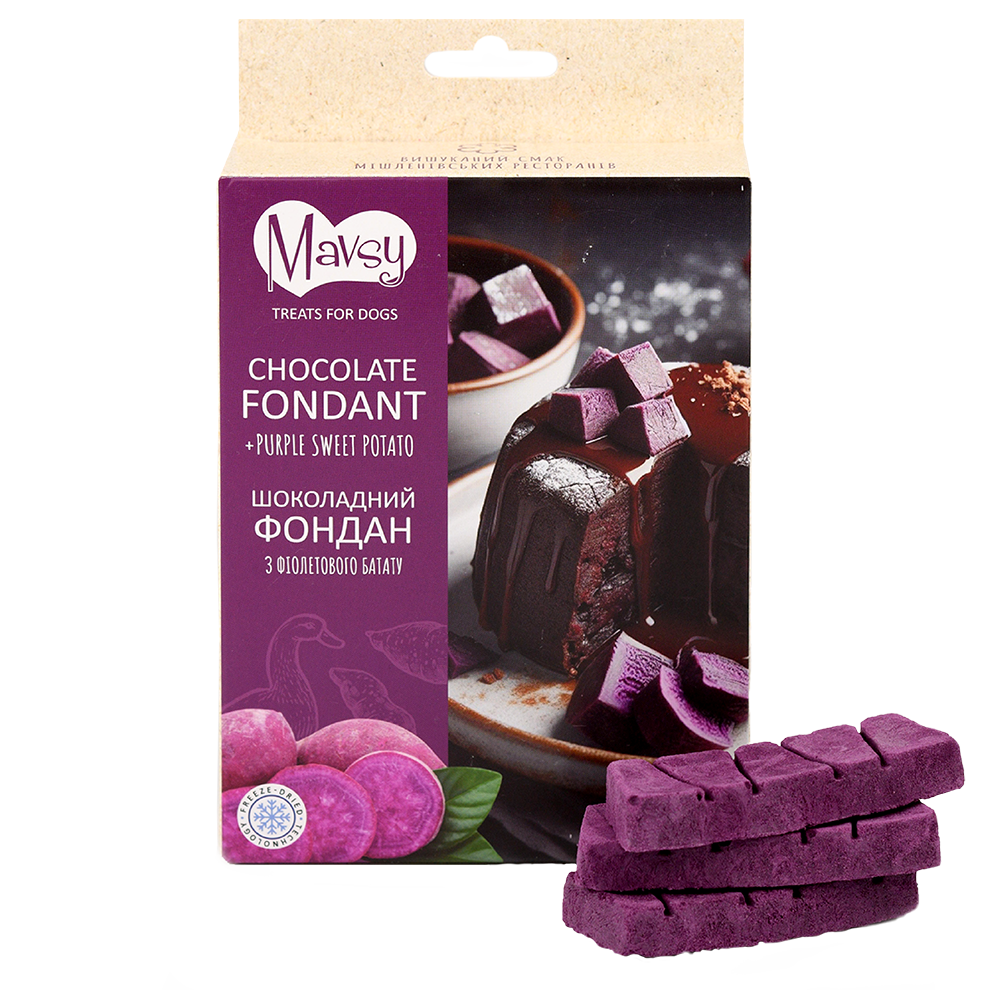 Recompense pentru câini MAVSY, fondant de ciocolata cu cartof violet, 50 g