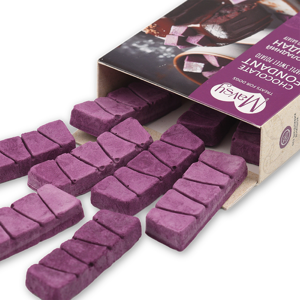 Recompense pentru câini MAVSY, fondant de ciocolata cu cartof violet, 50 g