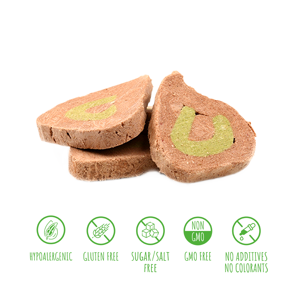 Recompense pentru câini MAVSY, parfe din carne de iepure pe un pat de spanac cu sos cremos, 50 g