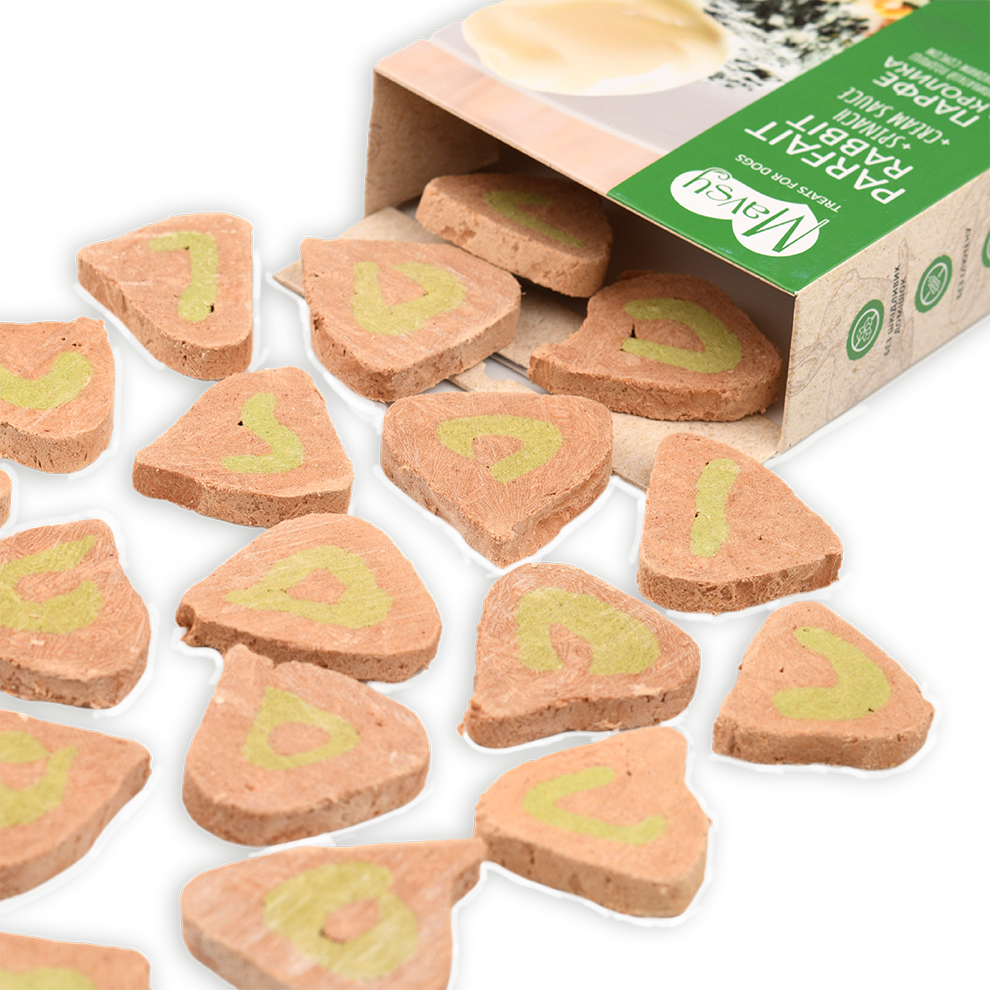 Recompense pentru câini MAVSY, parfe din carne de iepure pe un pat de spanac cu sos cremos, 50 g