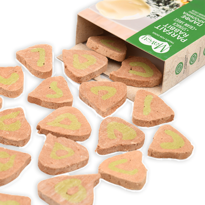 Recompense pentru câini MAVSY, parfe din carne de iepure pe un pat de spanac cu sos cremos, 50 g