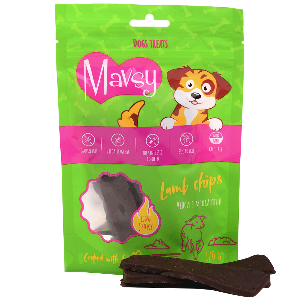 Recompense pentru câini MAVSY, chips cu miel, 100 g
