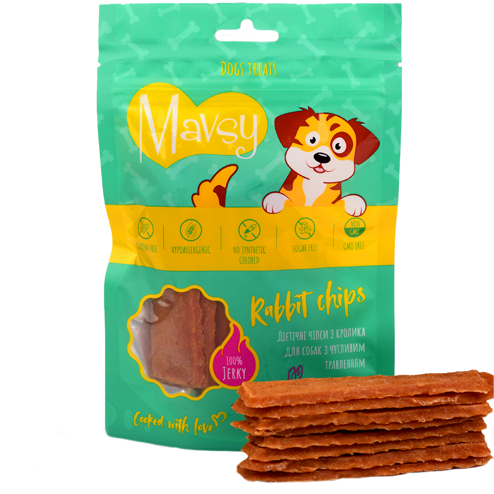 Recompense pentru caini cu digestie sensibila MAVSY, chips cu carne de iepure, 100 g