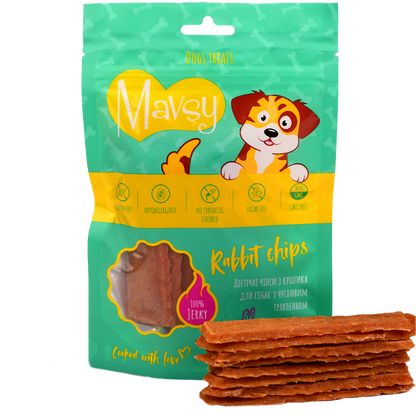 Recompense pentru caini cu digestie sensibila MAVSY, chips cu carne de iepure, 100 g
