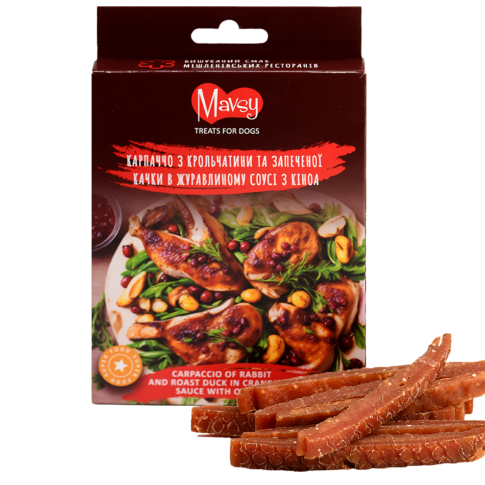Recompense pentru câini MAVSY, carpaccio din carne de iepure si rata coapta in sos de merisoare, 100 g