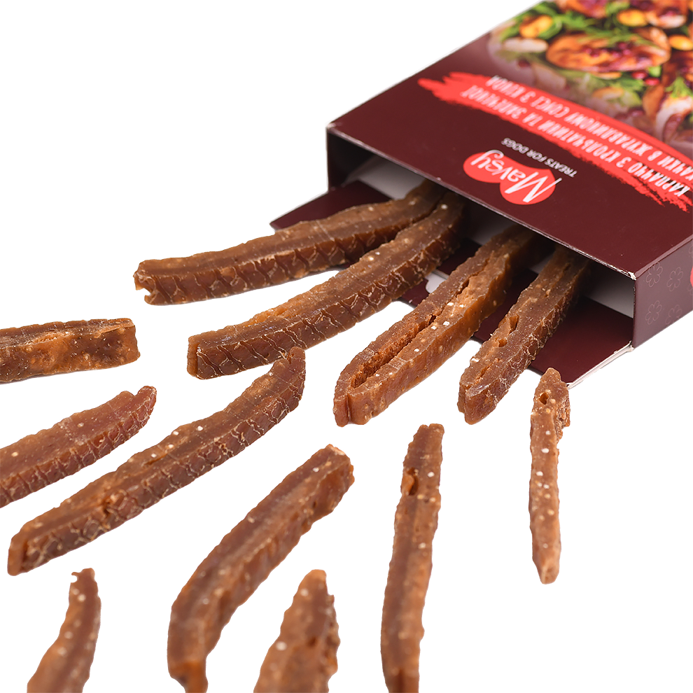 Recompense pentru câini MAVSY, carpaccio din carne de iepure si rata coapta in sos de merisoare, 100 g
