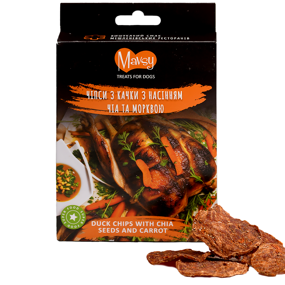 Recompense pentru câini MAVSY, chipsuri din rata cu seminte de chia si morcov, 50 g