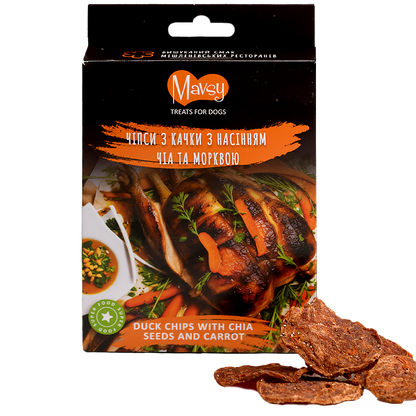 Recompense pentru câini MAVSY, chipsuri din rata cu seminte de chia si morcov, 50 g