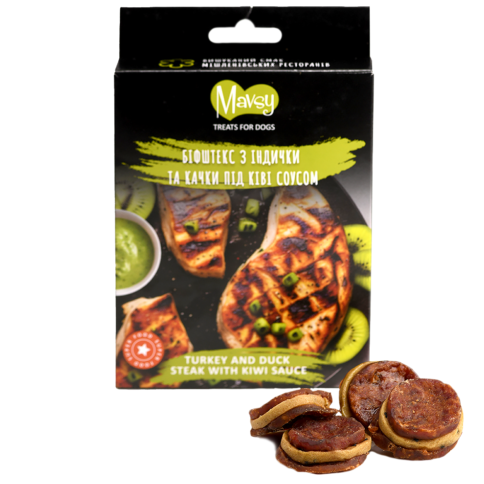 ompense pentru câini MAVSY, biftec din curcan si rata cu sos de kiwi, 100 g