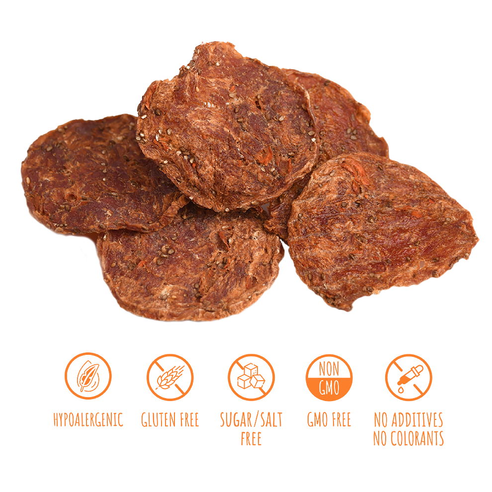 Recompense pentru câini MAVSY, chipsuri din rata cu seminte de chia si morcov, 50 g
