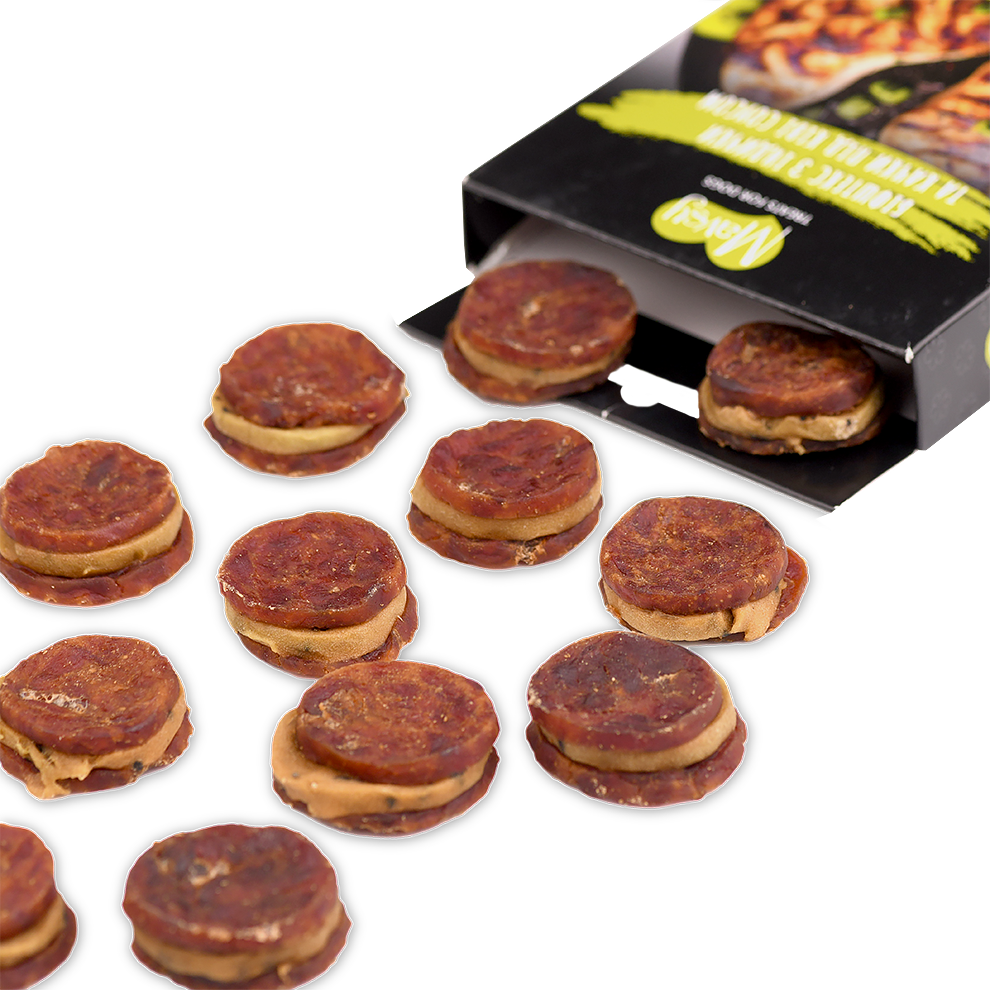 ompense pentru câini MAVSY, biftec din curcan si rata cu sos de kiwi, 100 g