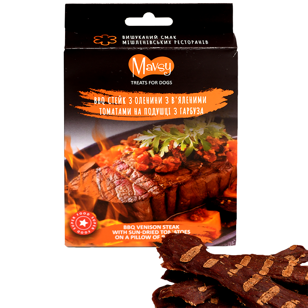 Recompense pentru câini MAVSY, steak din carne de cerb cu rosii uscate pe un pat de dovleac, 100 g
