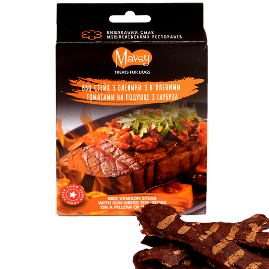 Recompense pentru câini MAVSY, steak din carne de cerb cu rosii uscate pe un pat de dovleac, 100 g