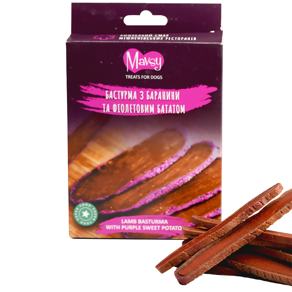 Recompense pentru câini MAVSY, basturma din carne de oaie si cartof violet, 100 g