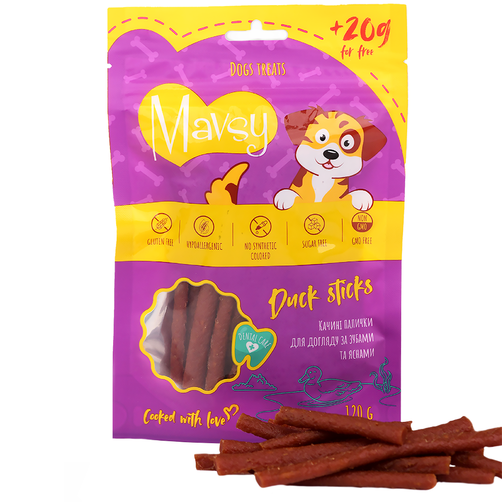 Recompense pentru câini MAVSY, sticks cu rata pentru ingrijirea dintilor si gingiilor, 120 g