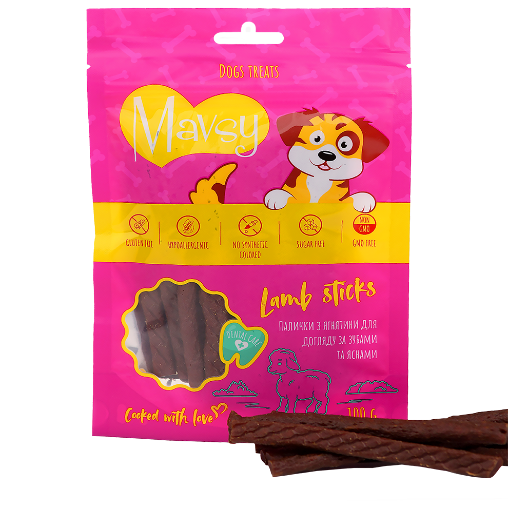 Recompense pentru câini MAVSY, sticks cu miel pentru ingrijirea dintilor si gingiilor, 100 g