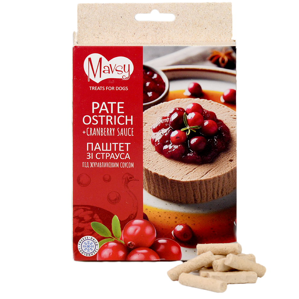 Recompense pentru câini MAVSY, pateu de strut cu sos de merisoare, 50 g