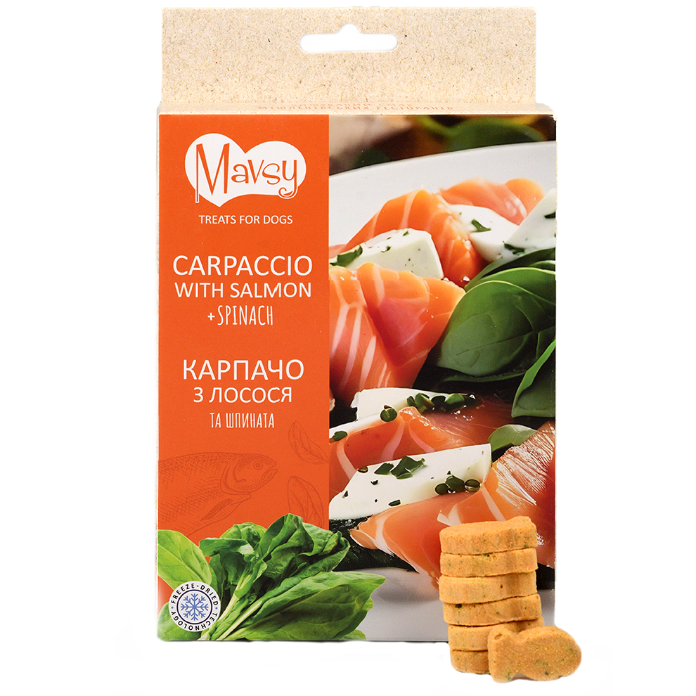 Recompense pentru câini MAVSY, carpaccio din somon cu spanac, 50 g