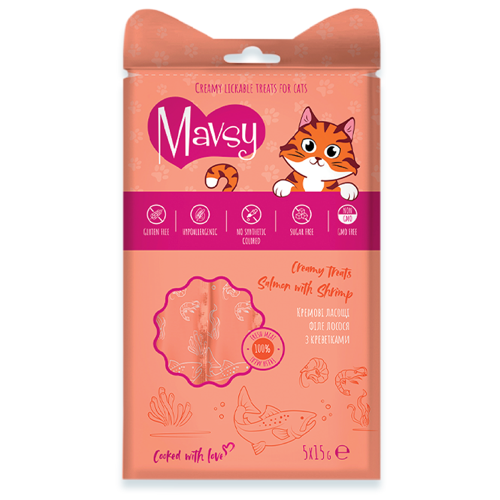 Recompense pentru pisici MAVSY, cu somon si creveti, 75 g