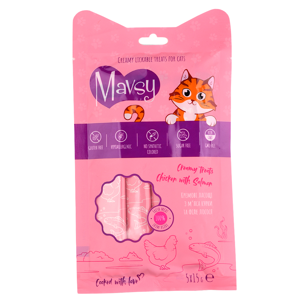 Recompense pentru pisici MAVSY, lasabile cu pui si somon, 75 g