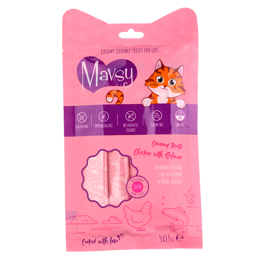Recompense pentru pisici MAVSY, lasabile cu pui si somon, 75 g