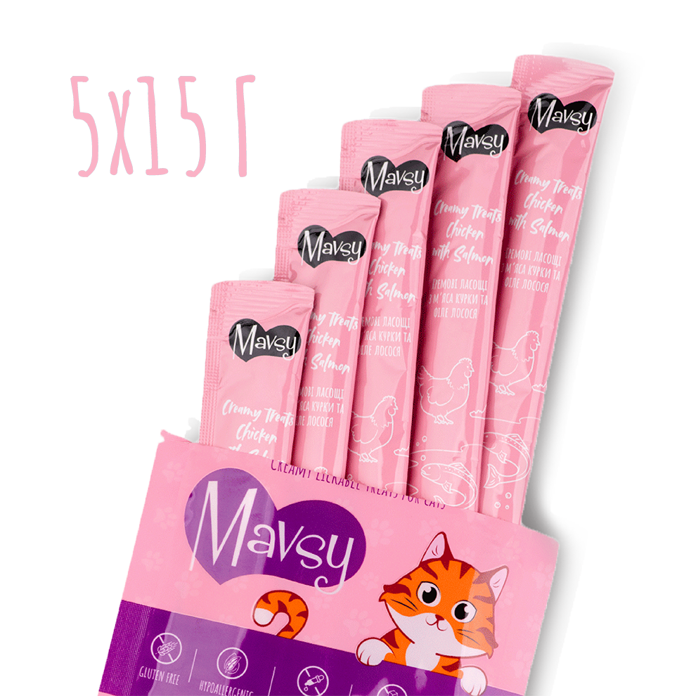 Recompense pentru pisici MAVSY, lasabile cu pui si somon, 75 g