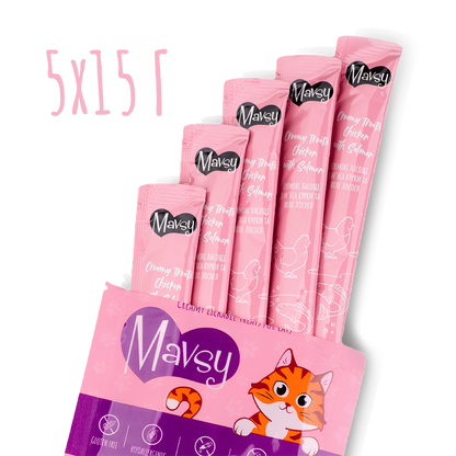 Recompense pentru pisici MAVSY, lasabile cu pui si somon, 75 g