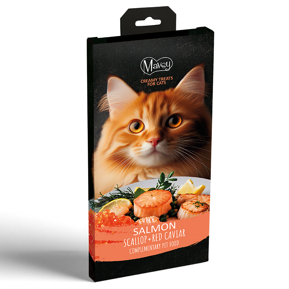 Recompense pentru pisici MAVSY, cremoase de lings cu somon cu scoici si caviar rosu pentru pisici, 75 g