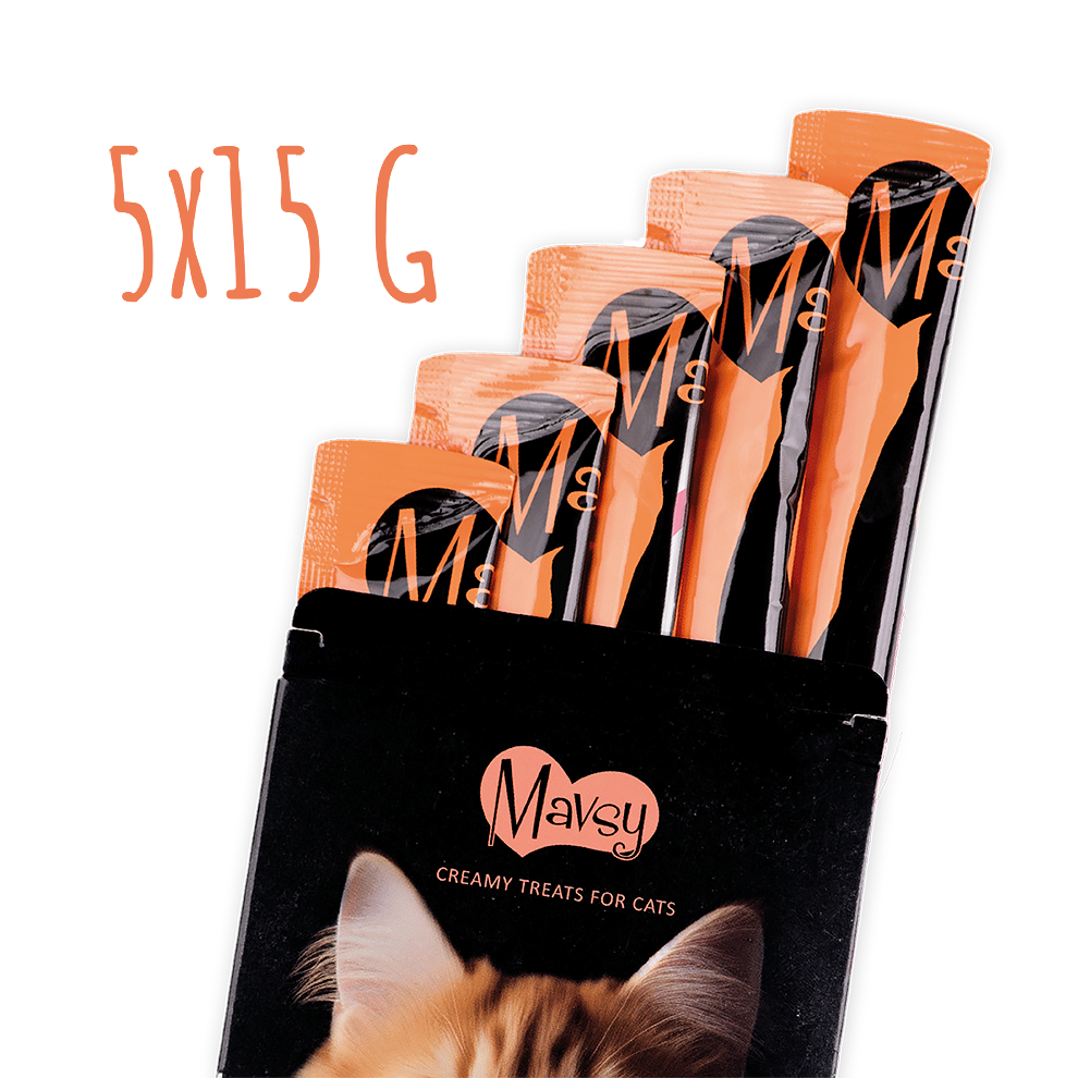 Recompense pentru pisici MAVSY, cremoase de lings cu somon cu scoici si caviar rosu pentru pisici, 75 g