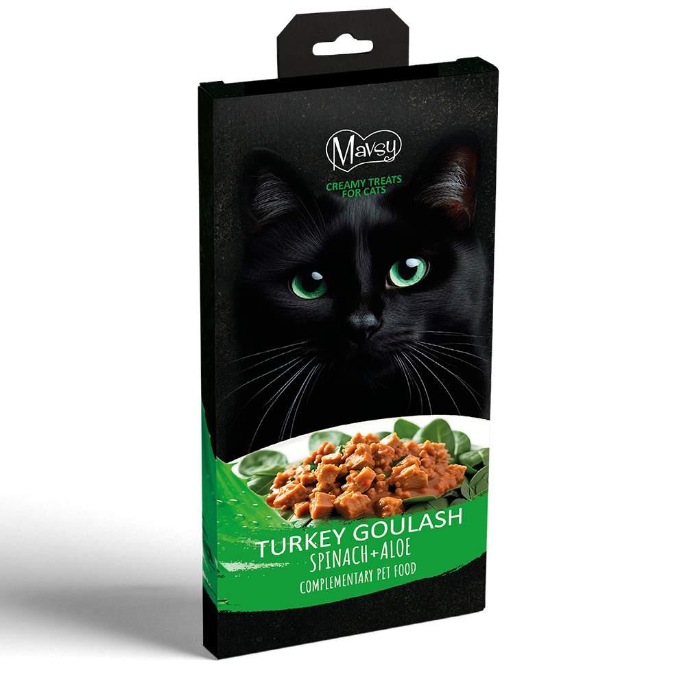 Recompense pentru pisici MAVSY, de gulas de curcan pe un pat de spanac cu aloe, 75 g