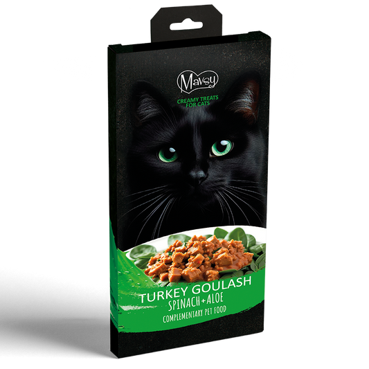 Recompense pentru pisici MAVSY, de gulas de curcan pe un pat de spanac cu aloe, 75 g